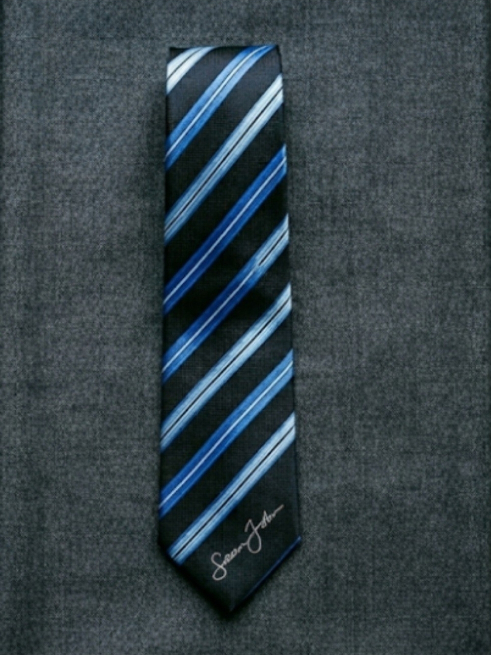 Sean John Vintage Silk Striped Tie Blue Cobalt & Black Diagonal Regimental Style